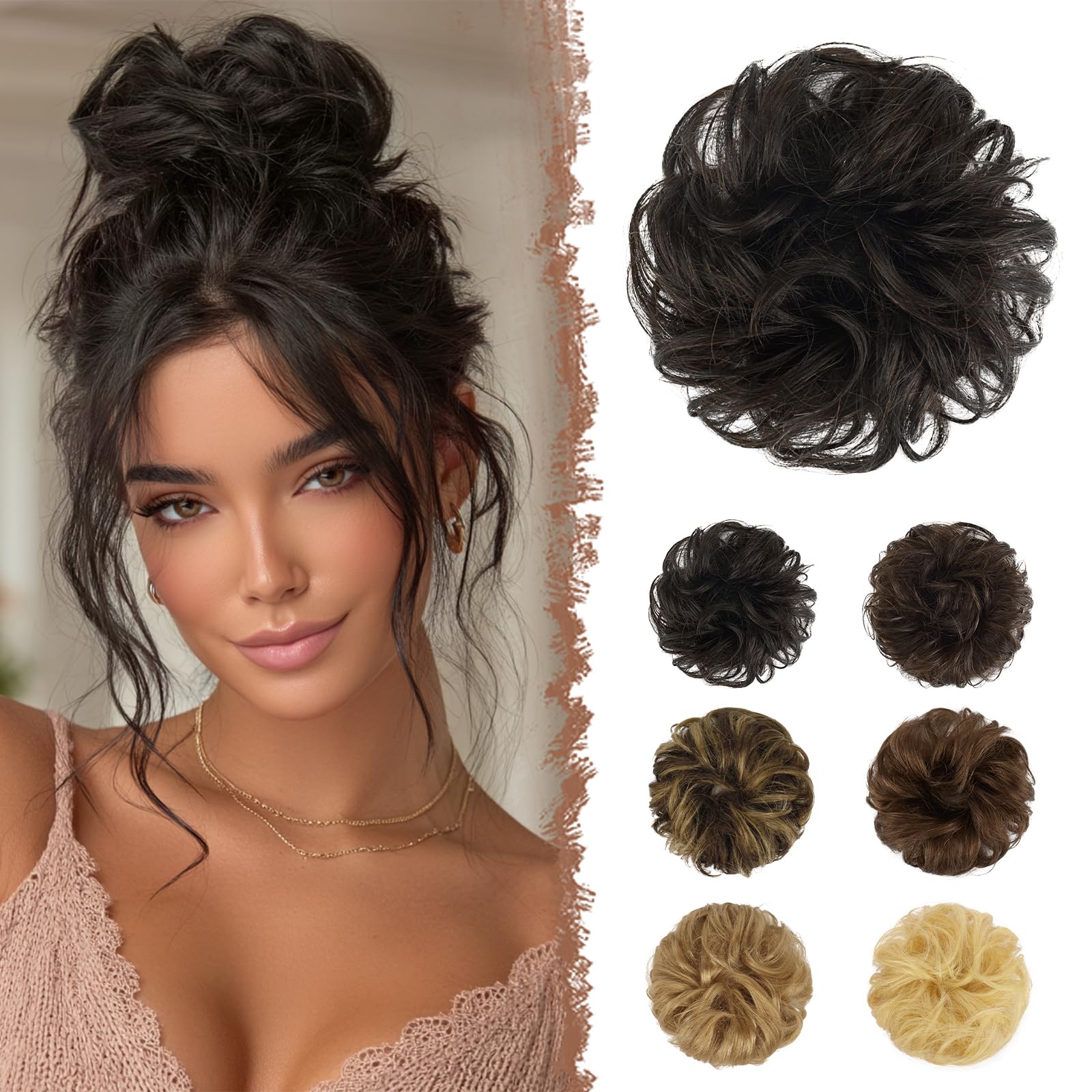 FESHFEN Human Hair Messy Buns, 100% Human Hair Bun Hair Piece Real Hair Extension Wavy Curly Hair Scrunchies Tousled Updo Chignon Hairpieces for Women Girls, Dark Brown โ image 1