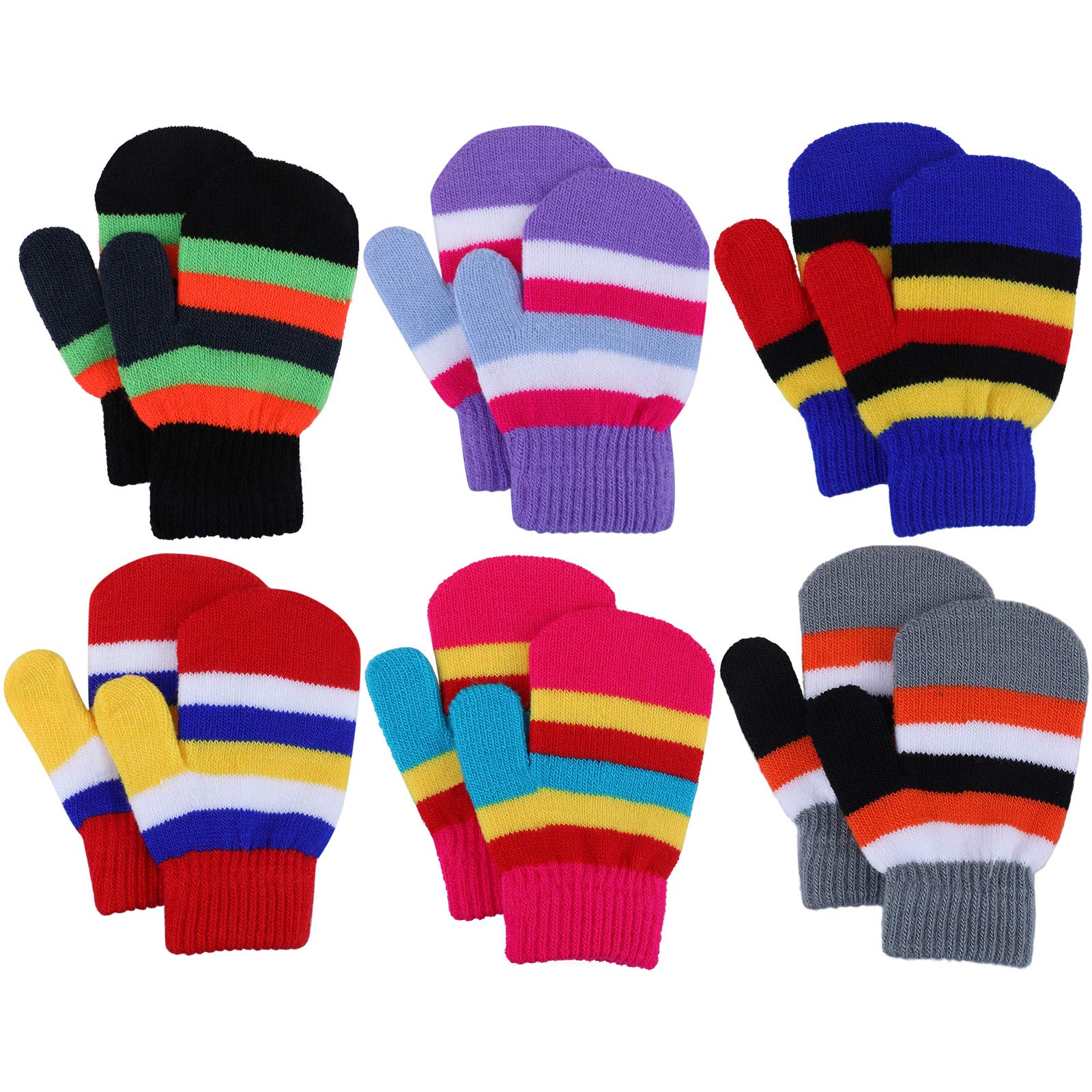 JUPSK Toddler Mittens Kids Winter Warm Knitted Gloves Magic Stretch Colorful Striped Baby Mittens for Boys and Girls 1 2 3 4 Years Old, 6 Pairs