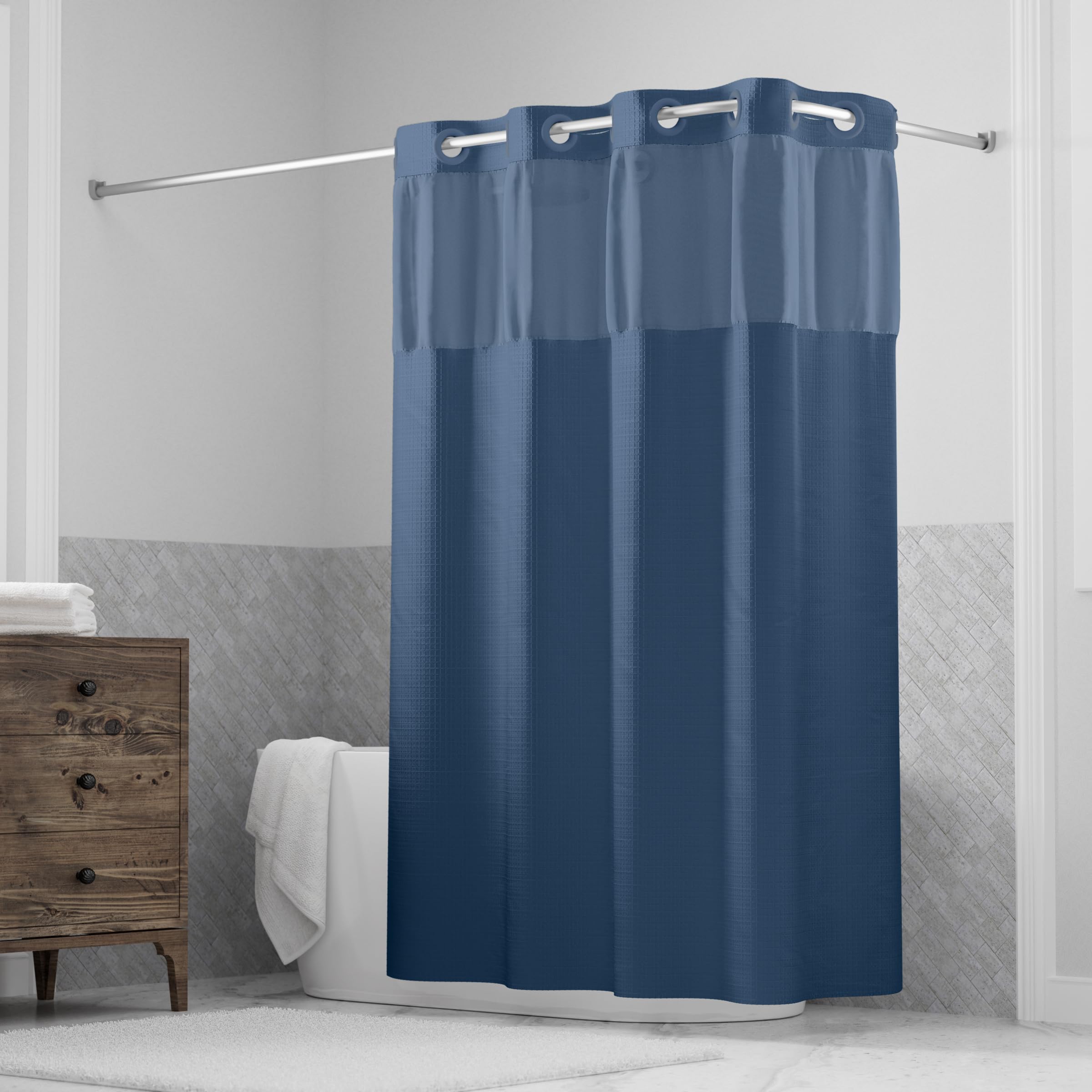 Hookless It’s A Snap! Waffle Shower Curtain, 3-in-1 Curtain Includes Fabric Shower Curtain with Sheer Top Window, Flex-On Rings & Fabric Liner with Magnets, 71” x 74”, Navy Image