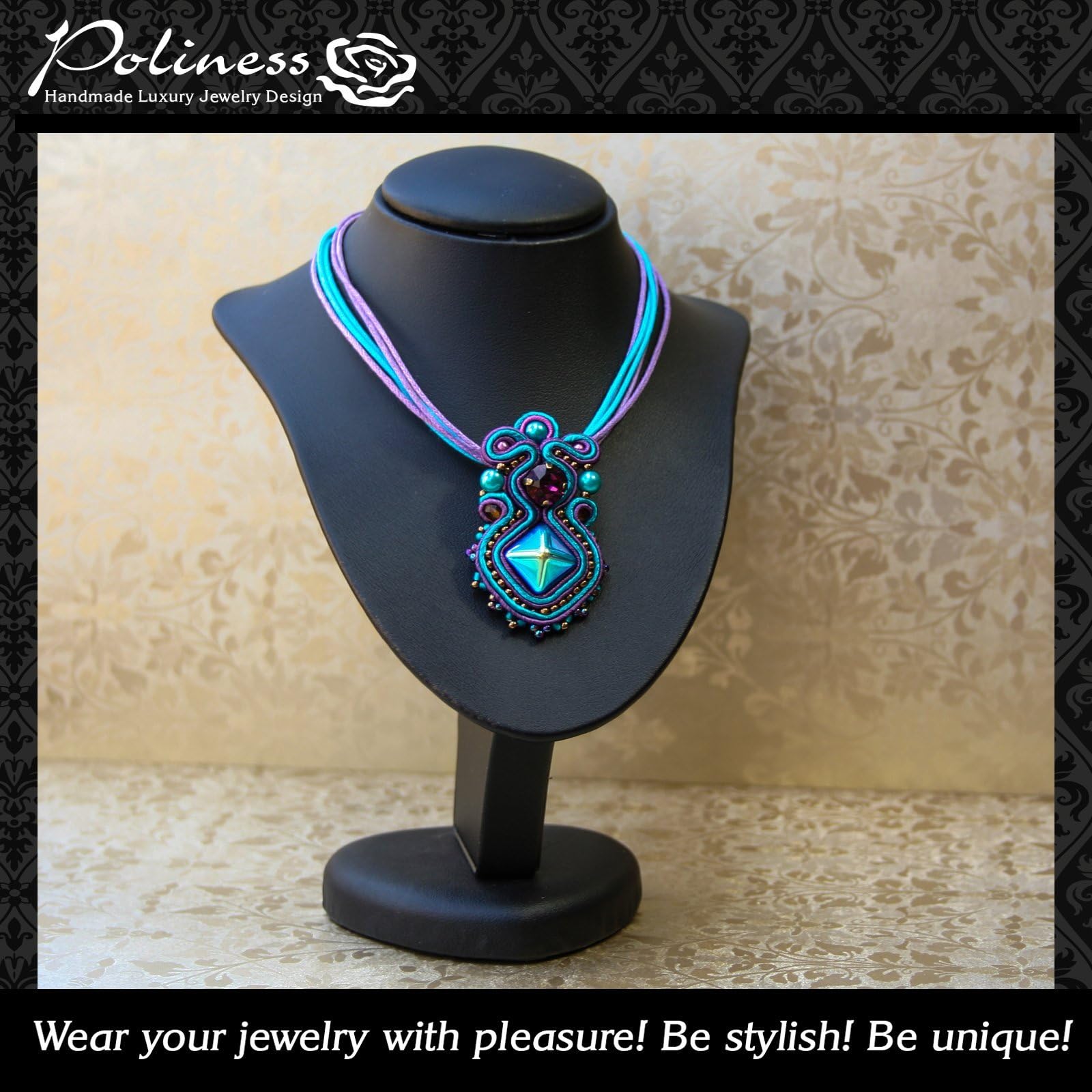 Pendant Necklace Handmade Jewelry is Embroidery Swarovski and Soutache