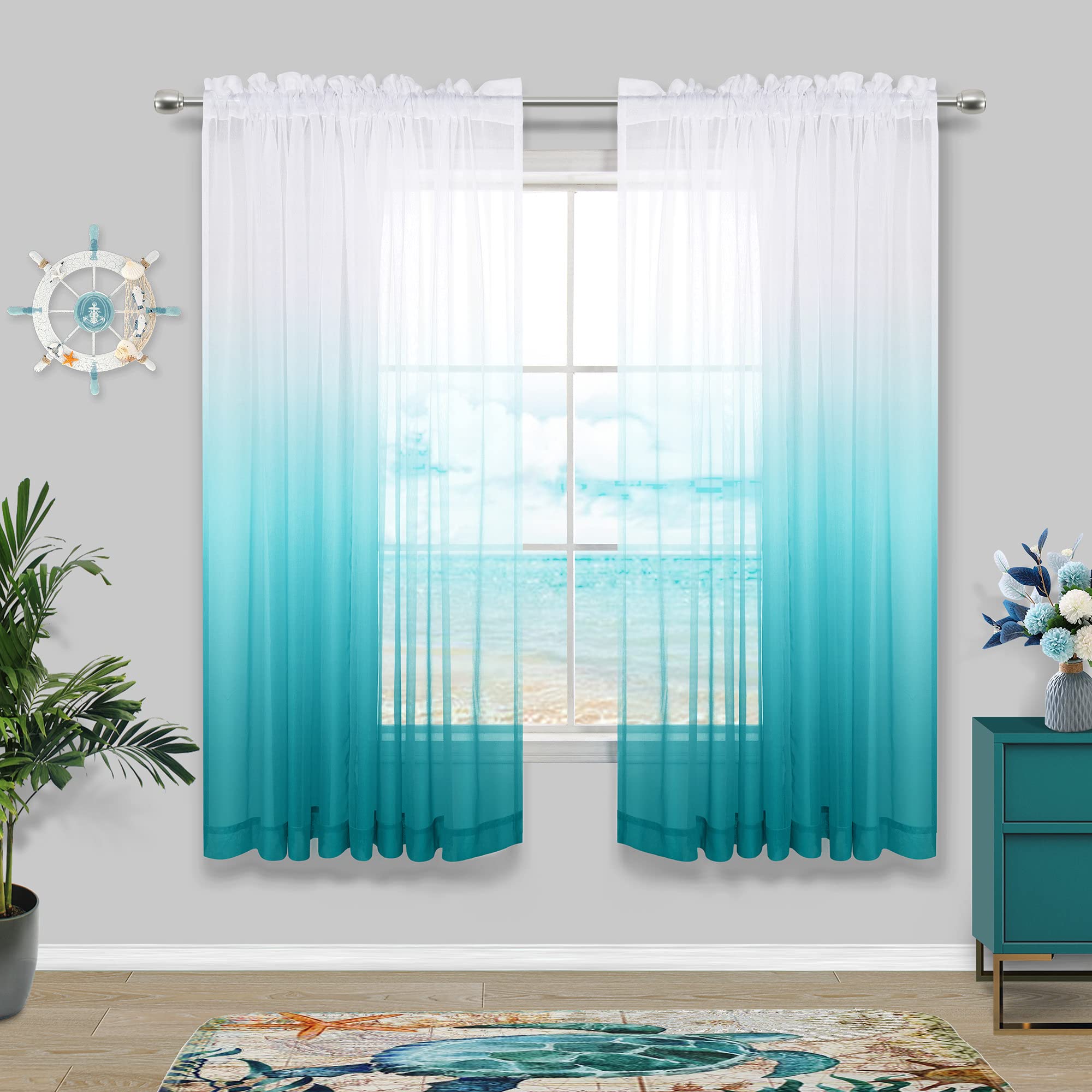 KOUFALL Kitchen Curtains Turquoise and White Sheer Ombre Short Bathroom Curtains Window for Cafe Style Small Bedroom, 42 x 45 Inch Length — image 1