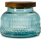 Decorative Blue Glass Jar with Airtight Wooden Lid 25.4 oz, Wide Mouth Vintage Kitchen Food Storage Container for Cookie Candy Honey Flour Spice Coffee Tea, Home Decor Sand Candle Holder Vase