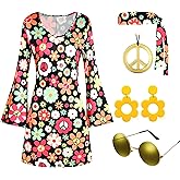 Deerjoke 60s 70s Disco Outfit Hippie Costume Women, 1970 Style Clothes Dress Peace Sign Accessories Jewelry Halloween