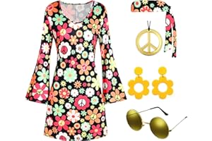 Deerjoke 60s 70s Disco Outfit Hippie Costume Women, 1970 Style Clothes Dress Peace Sign Accessories Jewelry Halloween