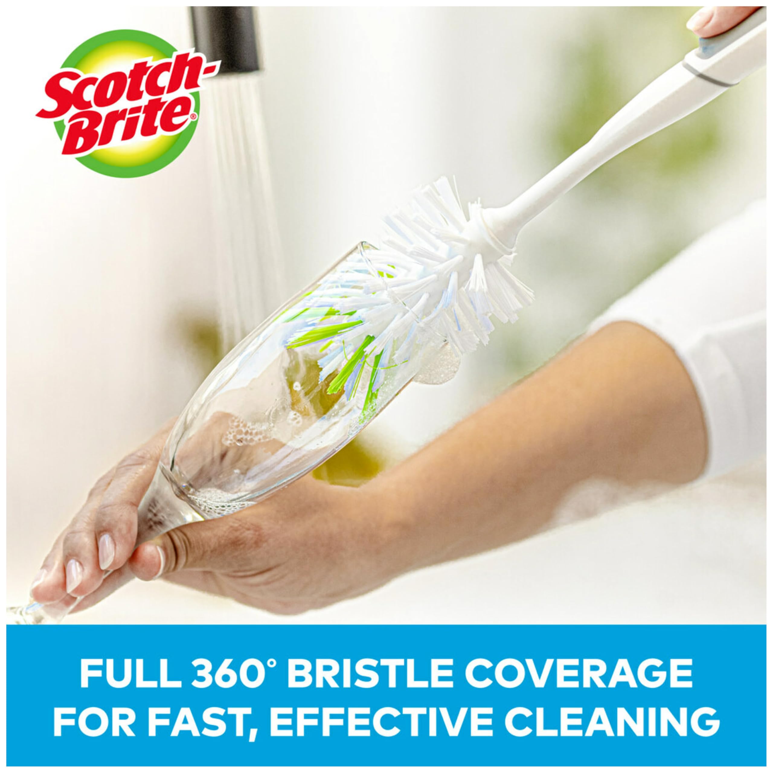 Scotch-Brite Glass and Water Bottle Brush, Long-Lasting, Safe on Glassware, Shaker Bottles, Food Processors, & More, Non-slip handle, Durable, Reusable, Clean in Top Rack of Your Dishwasher