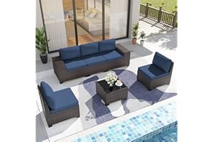 Delnavik Patio Furniture Set Sofa 6pcs Wicker Sectional Sofa Set, Outdoor Furniture Rattan Patio Conversation Set with Thickened Cushions and Glass Coffee Table, Dark Blue
