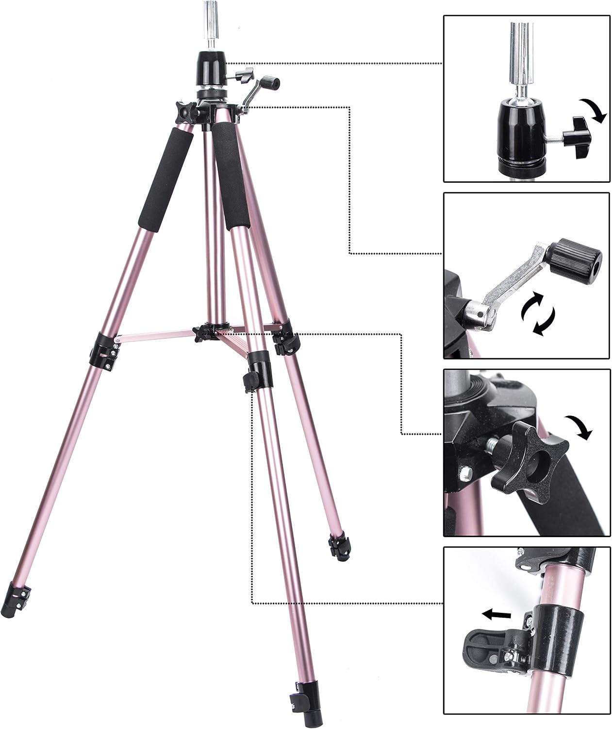 Adjustable Aluminium Alloy Tripod Stand Holder Training Head Hairdressing Mannequin Manikin Canvas Block Head Wig Stand Salon Hair Clamp With Carrying Bag Rose Gold - Image 3
