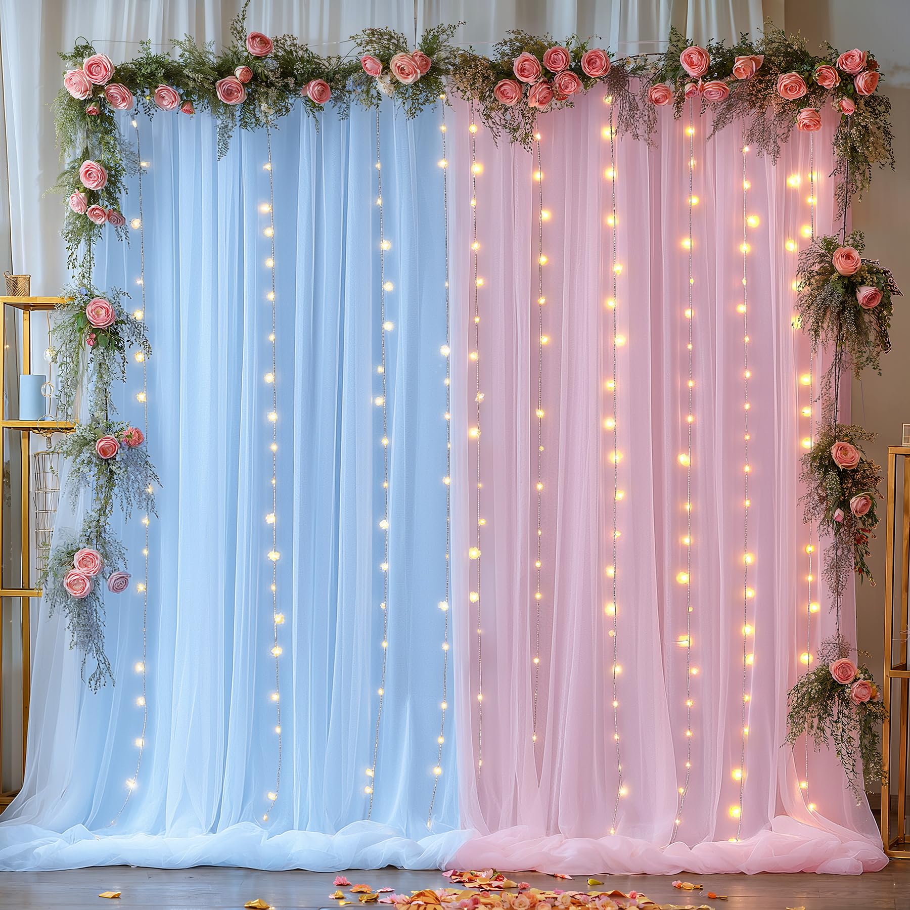 Photo 1 of 10x10ft Baby Pink Blue Tulle Backdrop Curtain with Lights String for Parites, Sheer Photo Backdrop Drapes with Lights for Wedding Backdrop Ceremony Reception Bridal Shower Baby Shower Birthday Party
