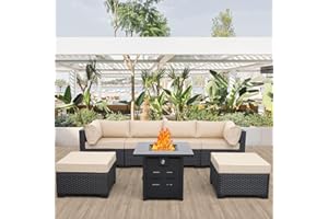 Lviden 7 Pieces Outdoor PE Wicker Furniture Set Patio Rattan Sectional Conversation Sofa Set with Khaki Cushions and Fire Pit Table