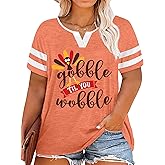 QAUN Plus Size Thanksgiving Shirts for Women Gobble Till You Wobble Shirt Turkey Tshirt Thankful Tops(Orange3,5XL)