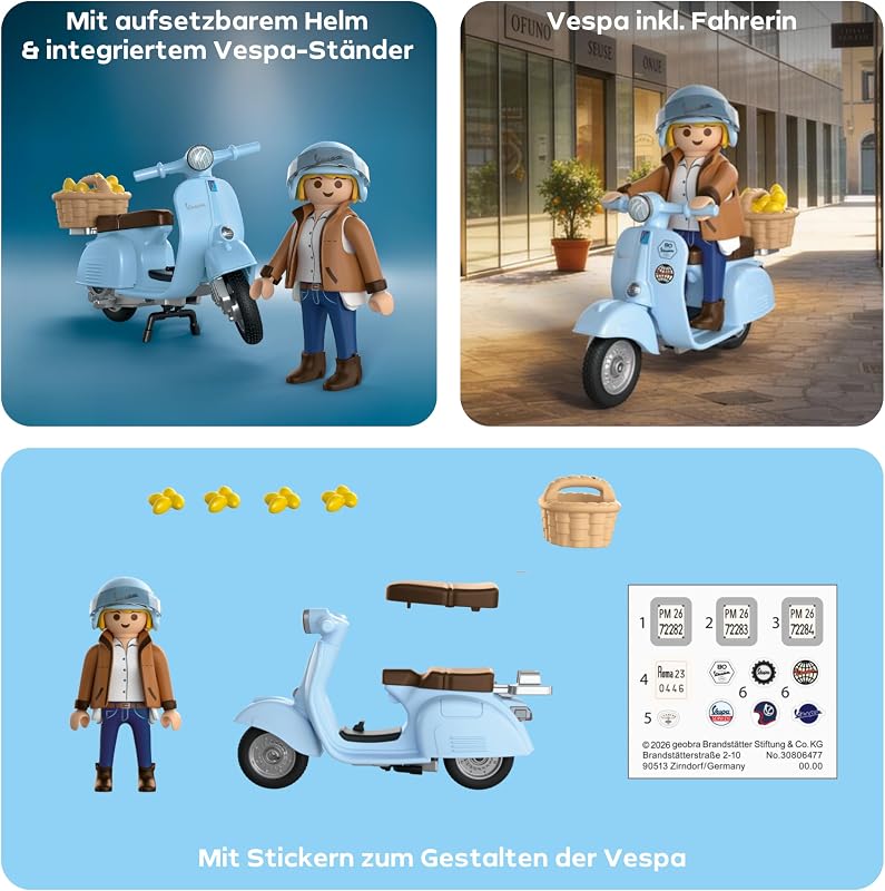 | Cars | 80 Jahre Vespa: Iconic Style | Hellblaue Jubiläums‑Vespa mit Trendiger Figur, Korb & Stickerbogen | Für Kinder ab 5 Jahren | 72284