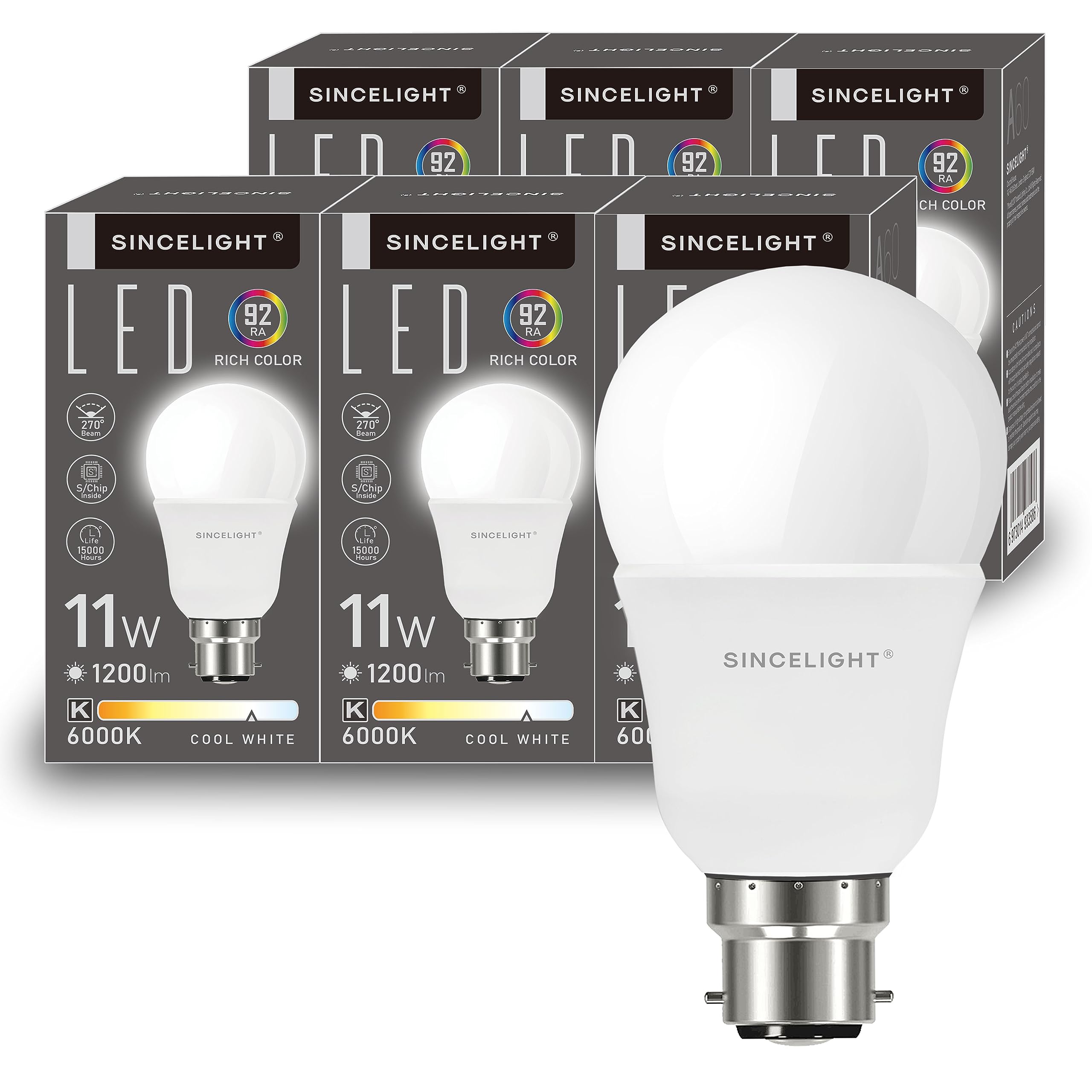 SINCELIGHT B22 LED Light Bulbs 11W,1200 Lumens (120W Equivalent) Cool White 6000K, Bayonet Cap BC, GLS Energy Saving Global Bulb, Pack of 6 — image 1