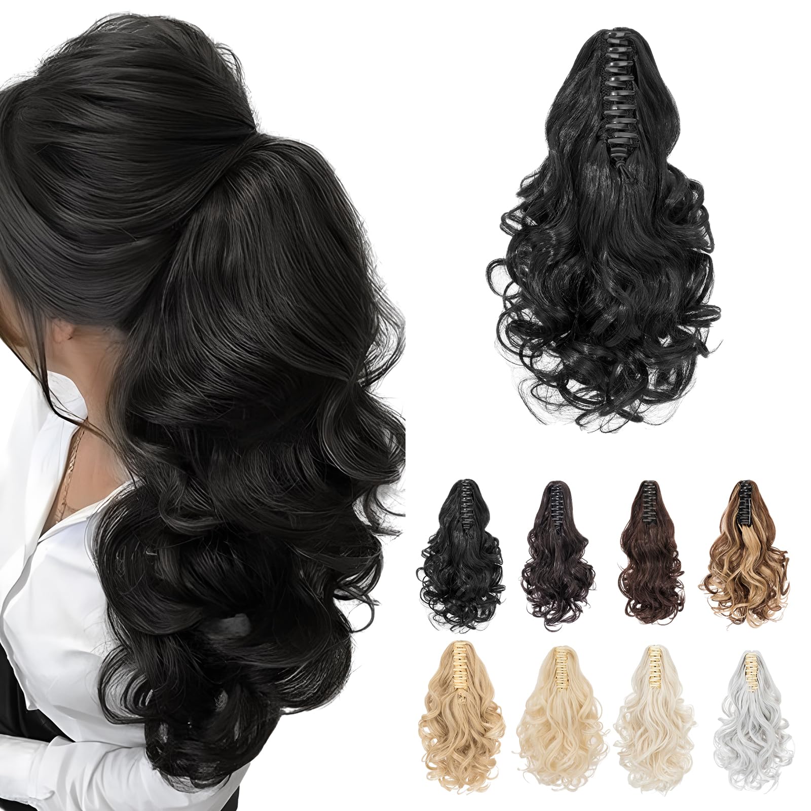 Ponytail Extension, MY-LADY Claw Clip in Ponytail Hair Extensions 14 Inch Short Curly Ponytail Natural Wavy Synthetic Hairpiece for Women,Natural Black — image 1