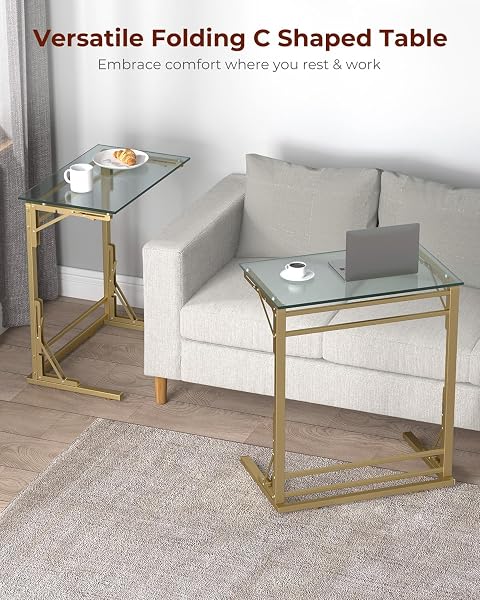 TATUB 24″ FOLDING TV TRAY TABLE SET OF 2, GLASS C SHAPED END TABLE FOR COUCH, SMALL SOFA-SIDE LAPTOP DESK WITH GOLD METAL FRAME FOR LIVING ROOM, BEDROOM, BEDSIDE