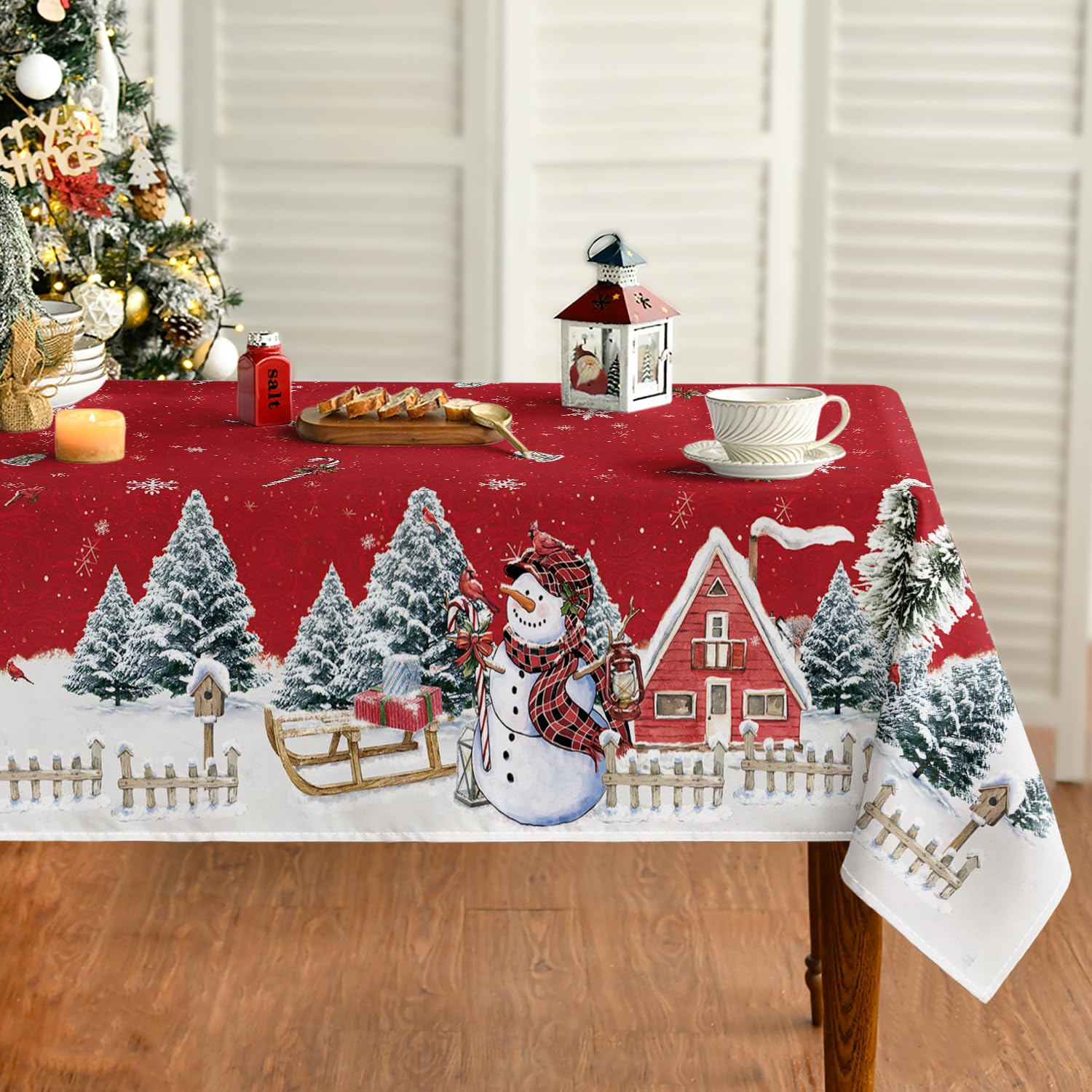 Artoid Mode Red House Trees Snow Snowman Christmas Table Cloth, Rectangular 140x220 cm Merry Xmas Table Cover Protector For Party Home Table Decorations