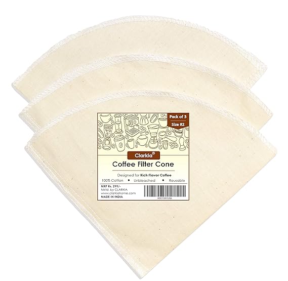 Clarkia 3 Count #2 Cotton Cone Coffee Filters Unbleached All-Natural, Reusable Filter Pour