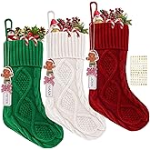 Personalized Christmas Stockings,18 Inches Hanging Stockings with DIY Gingerbread Man Name Tags,Large Size Knitted Christmas Stockings for Mantels,Xmas Tree Family Holiday Decor-3 Pack-Red,Green,White