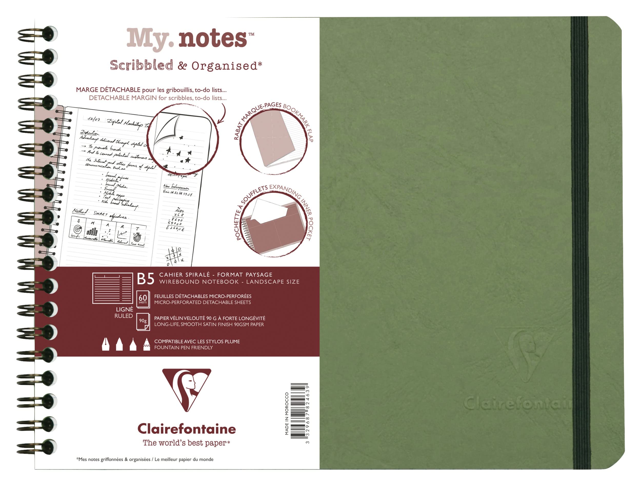 Clairefontaine 782463C Age Bag MyNotes Green Spiral Notebook w/ Margins B5 25x19cm - 120 Ruled Detachable Pages - 90gsm White Paper - Grain Leather Card Cover