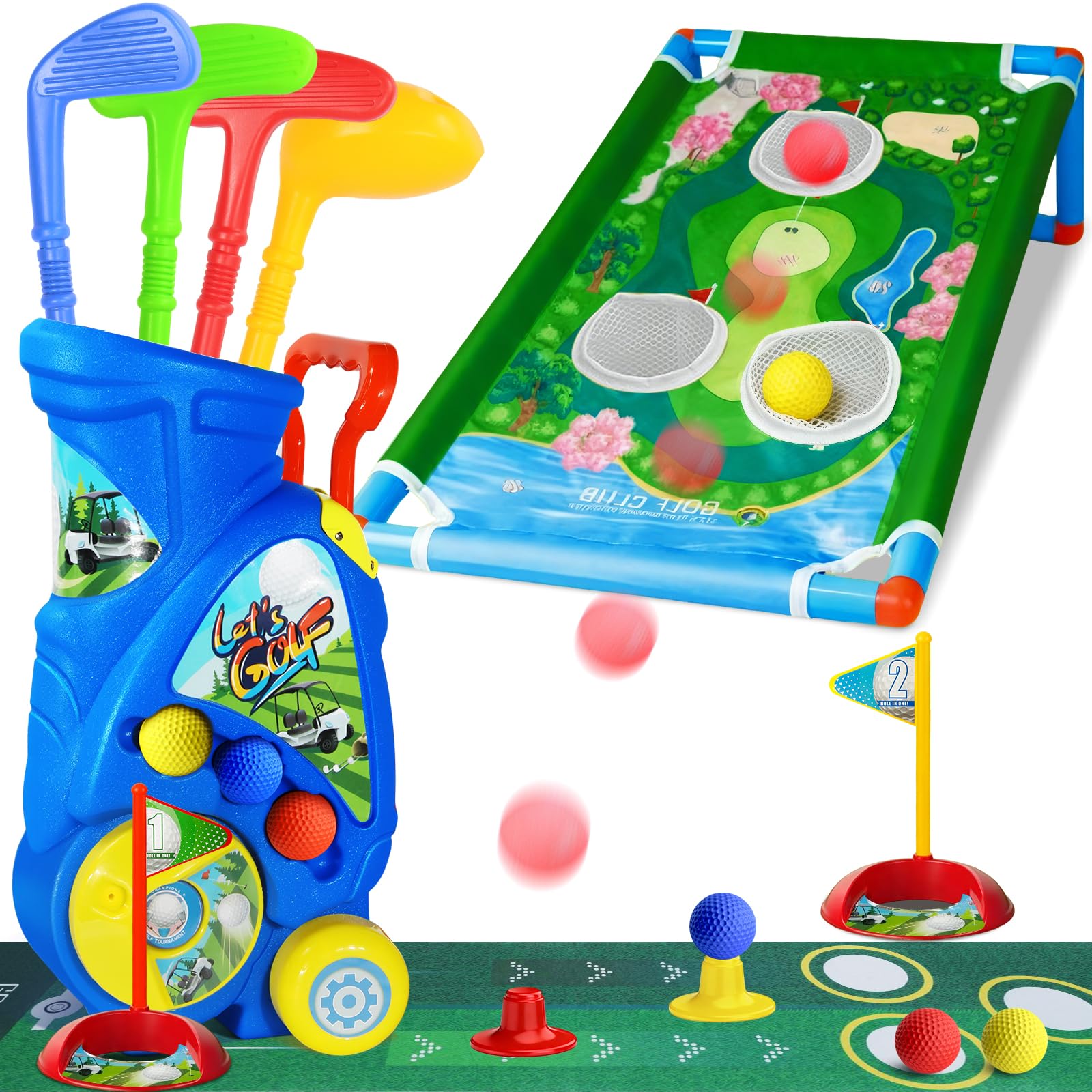 Golf Set with Multi-Function Cart ,Complete Golf Set Includes 4 Golf Clubs, 6 Balls & 2 Practice Holes,Educational Outdoor/Indoor for Birthdays or Christmas