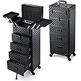 Stagiant Rolling Makeup Case with Drawers Cosmetology Case on Wheels 5 IN 1 Makeup Case 4 Drawers with Foot Stand Spring-release Mechanism Rolling Make Up Organizer for Artist Salon Nail Teach Trunk