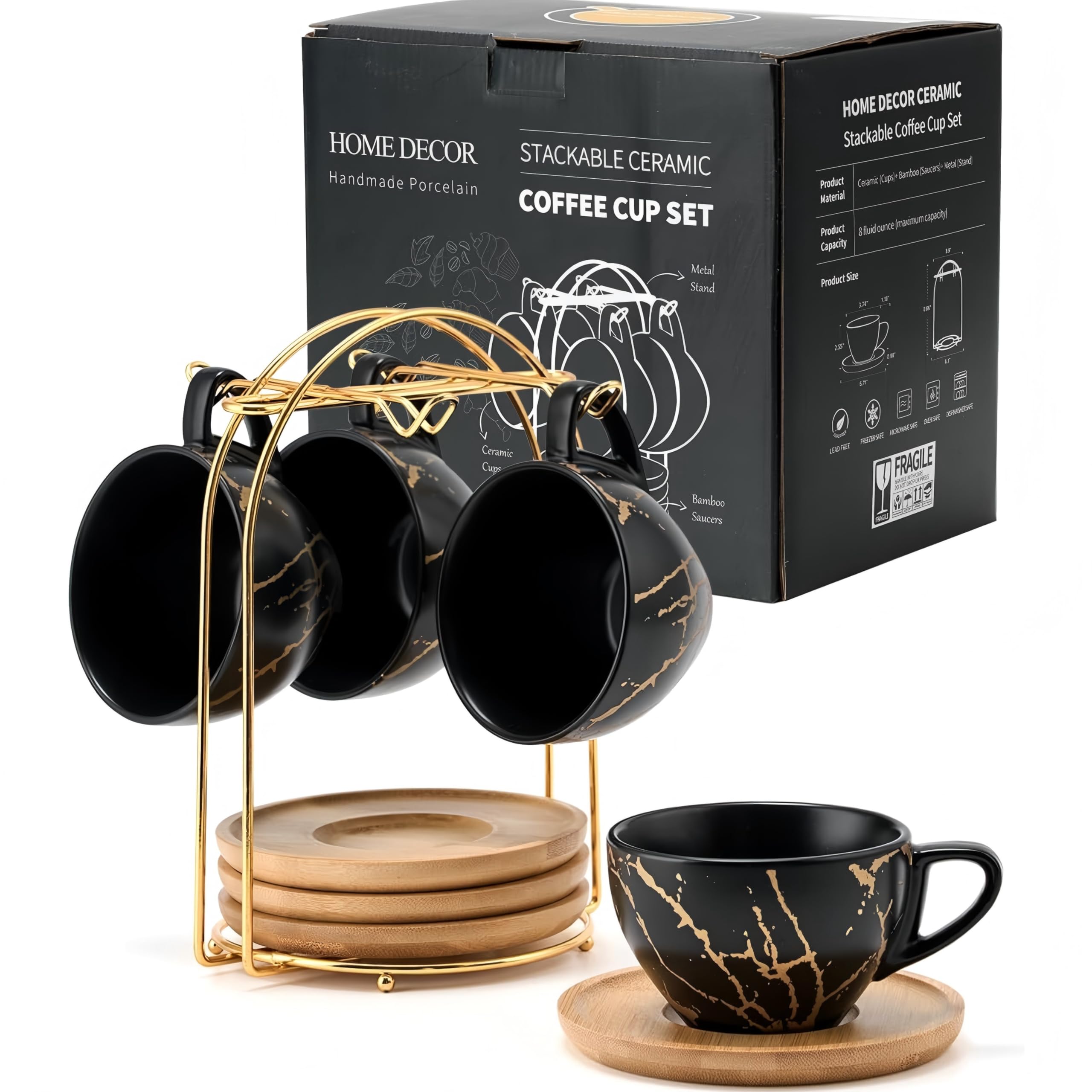 HOME DECOR Ceramic Cappuccino Cups Set of 4, 220ml Stackable Cappuccino Mugs and Saucer with Metal Stand for Coffee Lover, Cappuccino, Latte, Americano and Tea -Black Golden