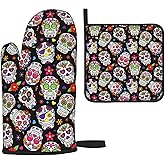 Day of The Dead Sugar Skull Oven Mitts and Pot Holders Sets,Halloween Heat Resistant Non Slip Kitchen Gloves Hot Pads with Inner Cotton Layer for Cooking BBQ Baking Grilling