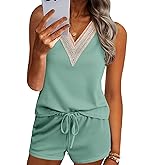 Ekouaer Pajama Sets for Women 2 Piece Tank Top and Shorts Waffle Knit Lounge Set with Lace V-neck PJ Loungewear