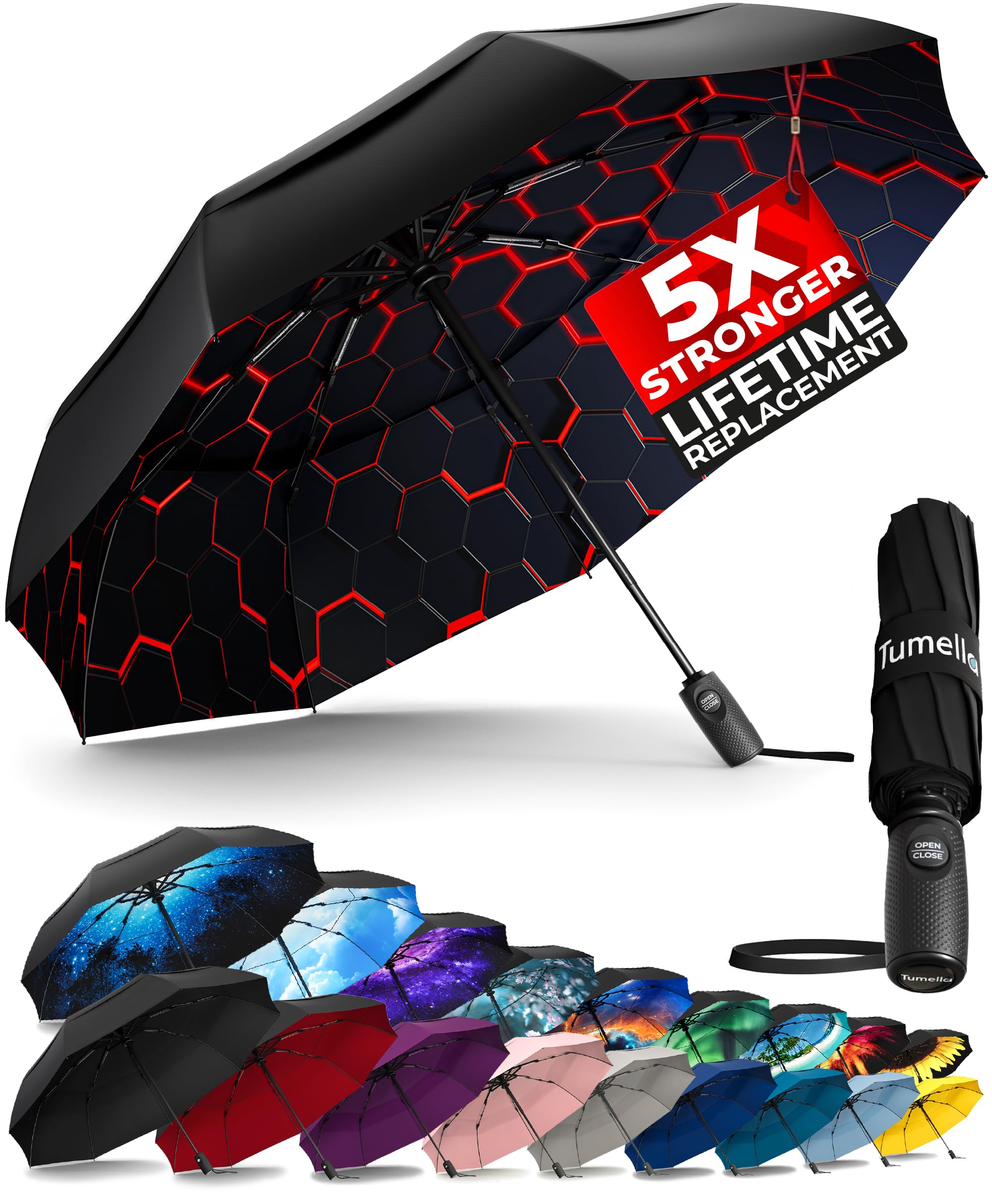 TUMELLA Strongest Windproof Travel Umbrella (Compact, Superior & Beautiful), Small Strong but Light Portable and Automatic Folding Rain Umbrella, Durable Premium Grip, Fits Car & Backpack Honeycomb Image