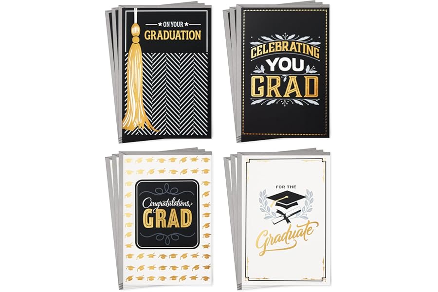 Hallmark Graduation Cards Assortment, Black and Gold, Congratulations Grad (12 Cards and Envelopes, 4 Designs)