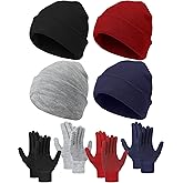 Shyyween 8 Pcs Winter Knitted Beanies Hats Gloves Set Warm Stretch Gripper Gloves Adult Knitted Hats for Women Men