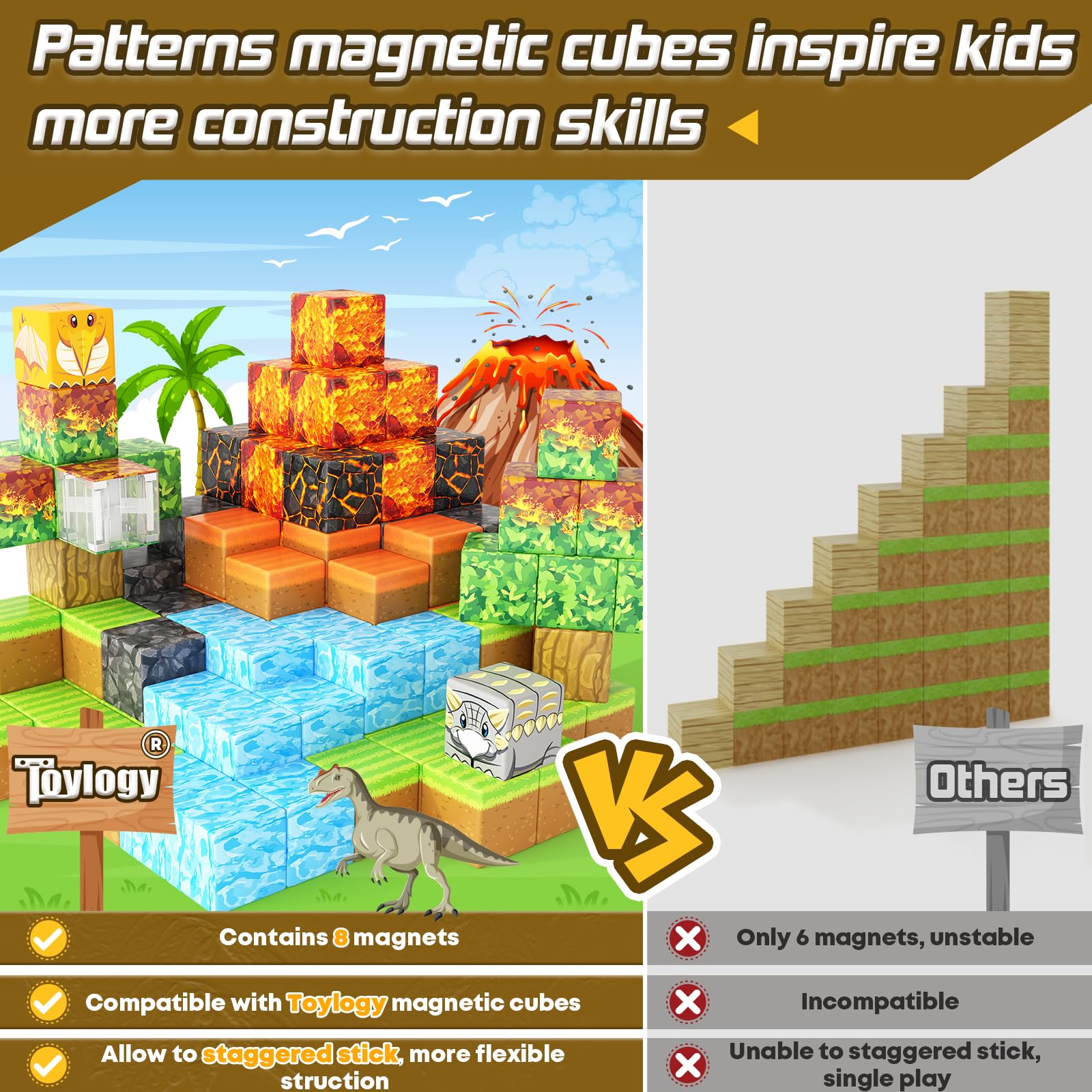 Dinosaur Toys Magnetic Blocks-Build Mine Magnet World Volcano Edition Kids Toy for 3+ Year Old Boys and Girls Building Blocks Toddler Toys Games Through Jurassic Learning Sensory Toy Gifts