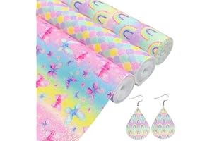 Greatdiy Pastel Rainbow Butterfly Summer Faux Leather Roll 12 x 52 inch Shiny Mermaid Printed Glitter Fabric for Earrings Bows (Pastel Rainbow)