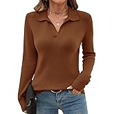 Romanstii Women's Knitted Collared Sweaters Long Sleeve V-Neck Polo Shirts Winter Pullover Tops