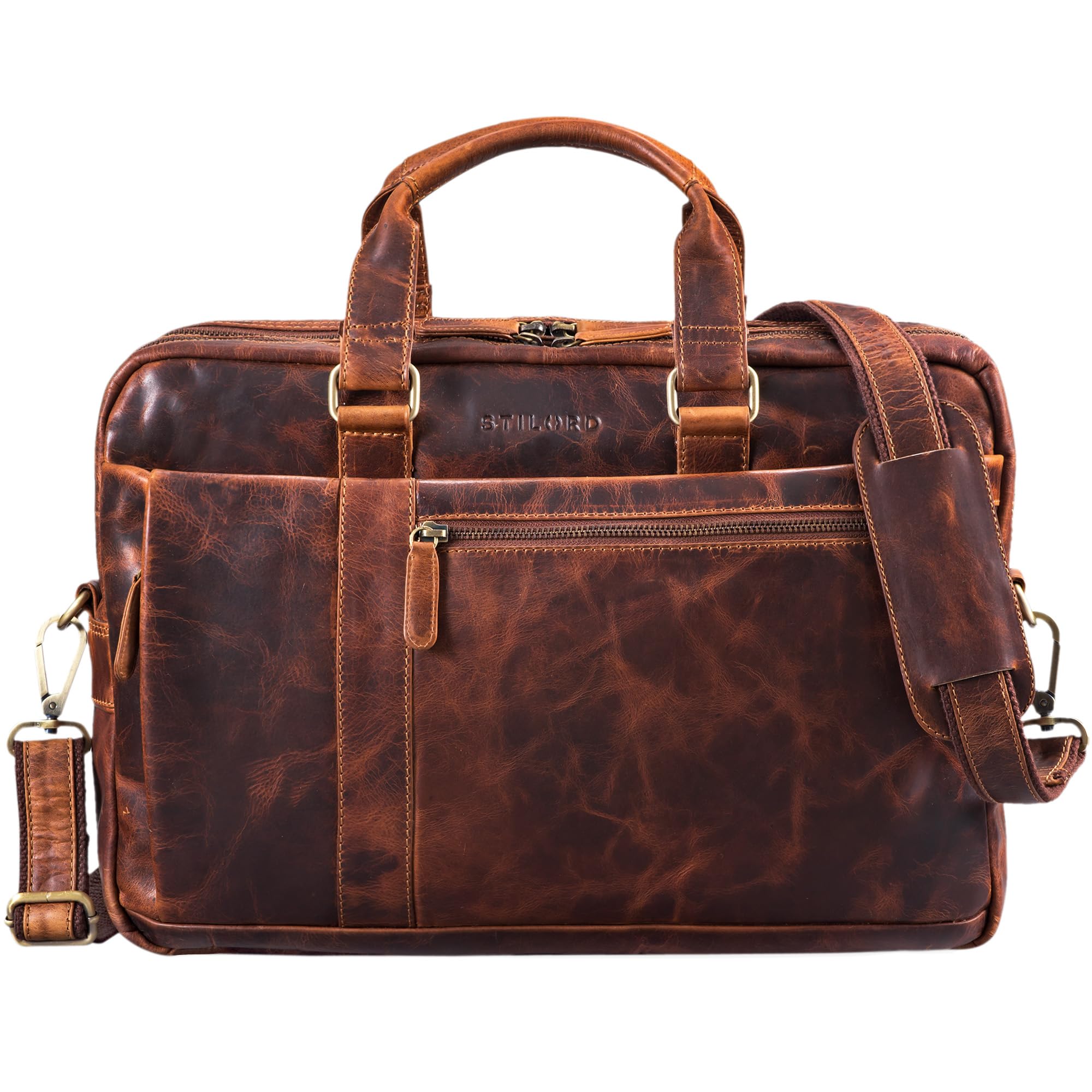 STILORD "Nico" Vintage Leather Messenger Bag – Genuine Leather Briefcase with Laptop Compartment 15.6 Inch – Large Business Shoulder Bag for Men & Women Colour:Kara - Cognac