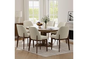 VKNOW Modern Dining Chairs, Faux Leather Kitchen Chairs with Wood Legs, Upholstered Side Chair for Kitchen Dining Room (Beige, Set of 6)
