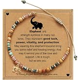Elephant Gifts for Women, Natural Stone Beaded Bracelet, Inspirational Gift | Adjustable Slide Cord, 18K Gold Plated Stainless Steel Elephant Charm, Colorful Mixed Beads, Symbol of Strength &amp; Good Luck