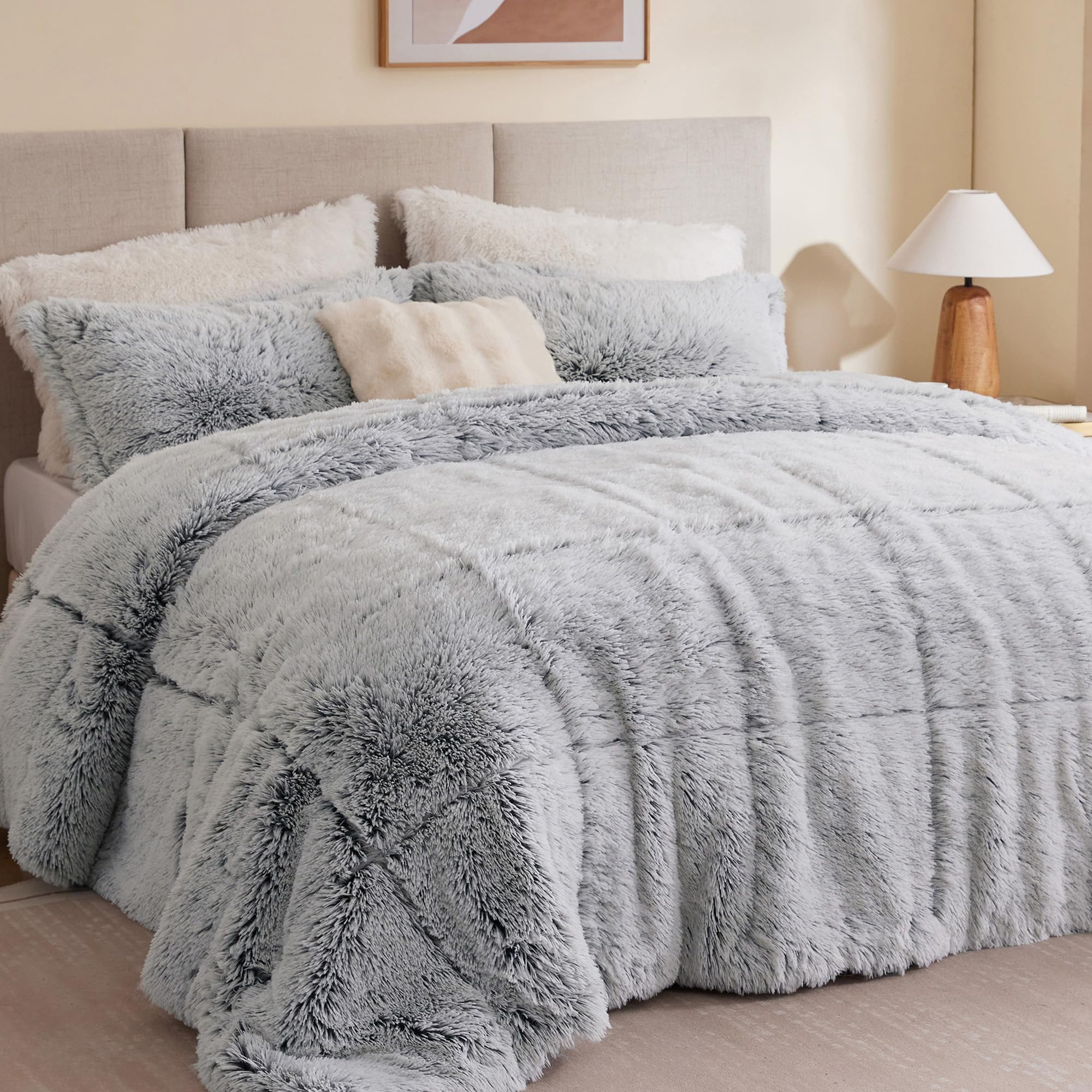 Intelligent Design Malea Shaggy Bedding Comforter Set, Long Faux Fur Cozy Down Alternative, Modern Ultra Soft All Season Warm & Fluffy Comforter, Matching Sham, King/Cal King Heathered Grey 3 Piece Image