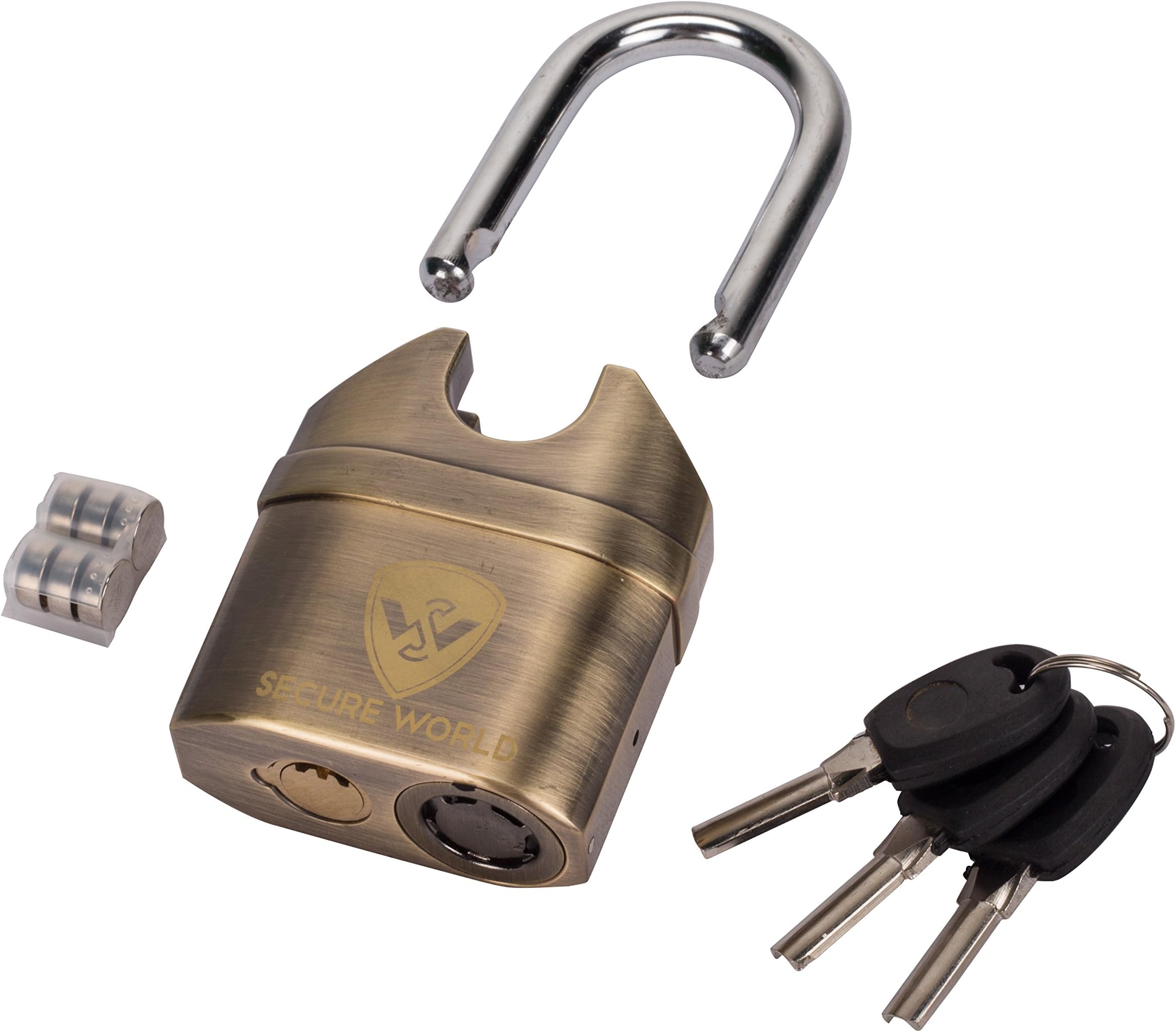 Secure World Anti-Theft Security System Keyed Padlock - Zinc Alloy Alarm Padlock with 3 Keys - Long Shackle (Brass, 11 Pieces)