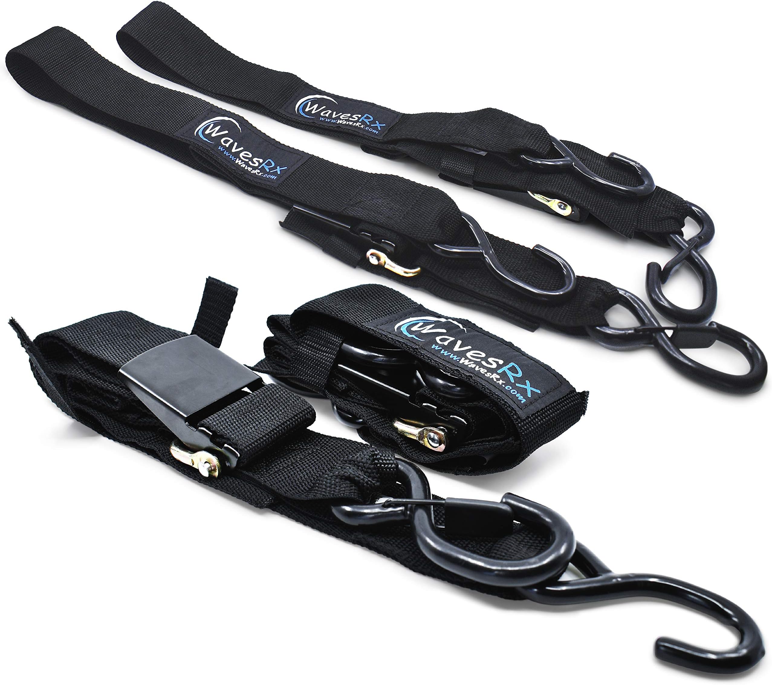 WAVESRX Boat and Jet Ski Trailer Tie Downs (2PK or 4PK) | Adjustable Marine Transom Straps (1,200 LBS Capacity) with Quick Release Buckle and Locking S-Hook to Securely Transport Your Boat or PWC
