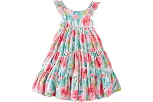 KIMODA Toddler Girls Summer Dresses Floral Ruffle Sleeve Sundress Casual Sleeveless A-Line Playwear Dress 2-8 Years Old