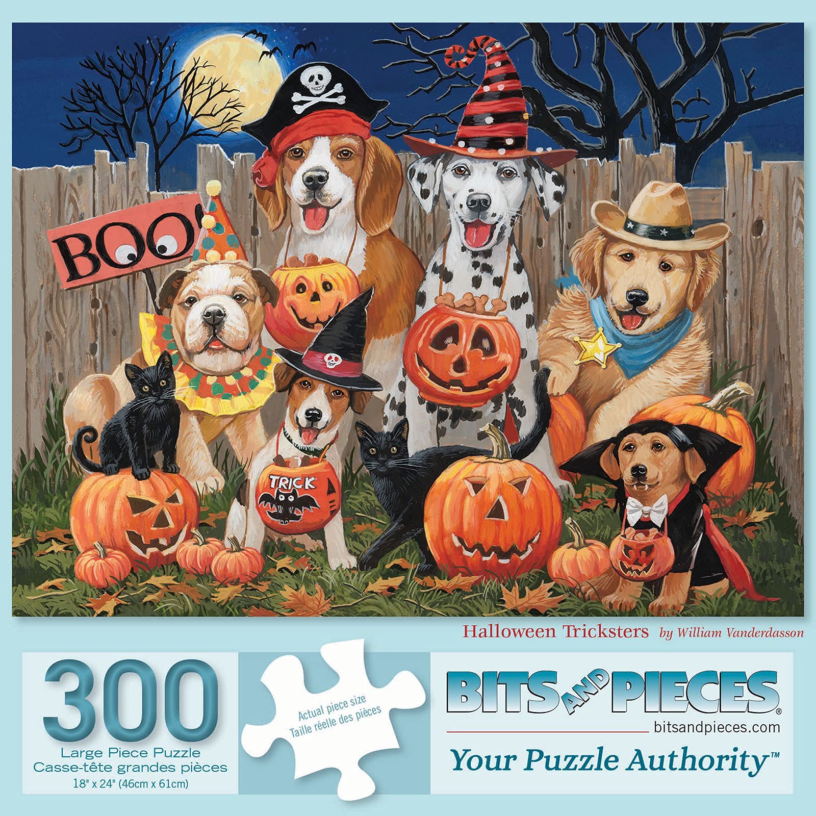 Photo 1 of ** FACTORY SEALED **
Bits and Pieces Jigsaw Puzzle for Adults – Halloween Tricksters by William Vanderdasson – Fall Night Holiday Puzzle with Dogs, Cats, Pumpkins, Moon – 18" x 24" (300 Piece Puzzle)