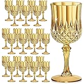 HTTBEIZI 7OZ Plastic Wine Glasses, Disposable Goblets Drinking Glasses Crystal Vintage Water Cups Unbreakable Champagne for Valentine’s Day, Wedding, Parties (24, Gold)