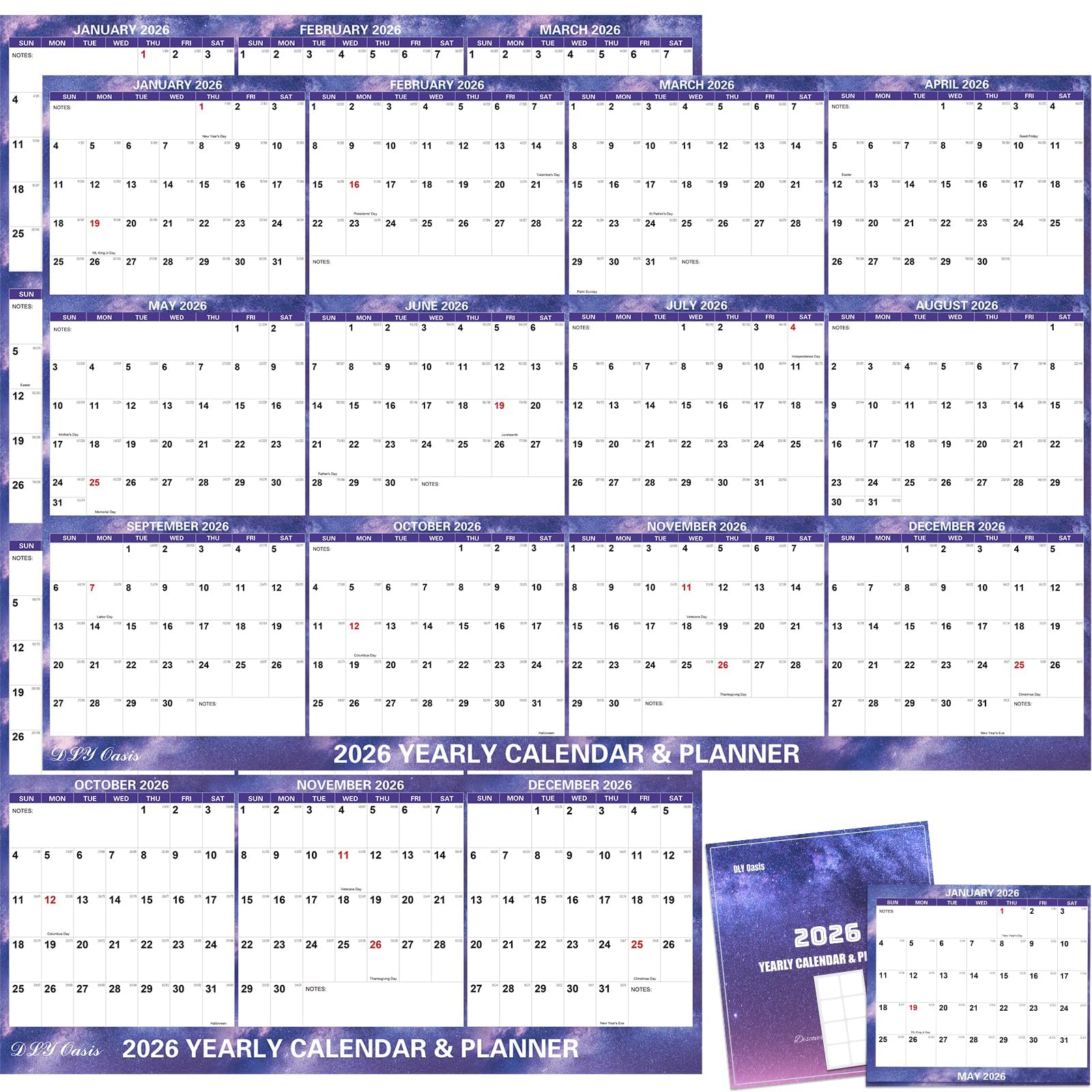 Photo 1 of 24" x 36" 2026 Wall Calendar Dry Erase - Folded Large Starry Sky Wall Calendar 2026, Wet & Dry Erasable, Laminated 12-Month Annual Yearly Planner, Reversible, Horizontal/Vertical, Purple
