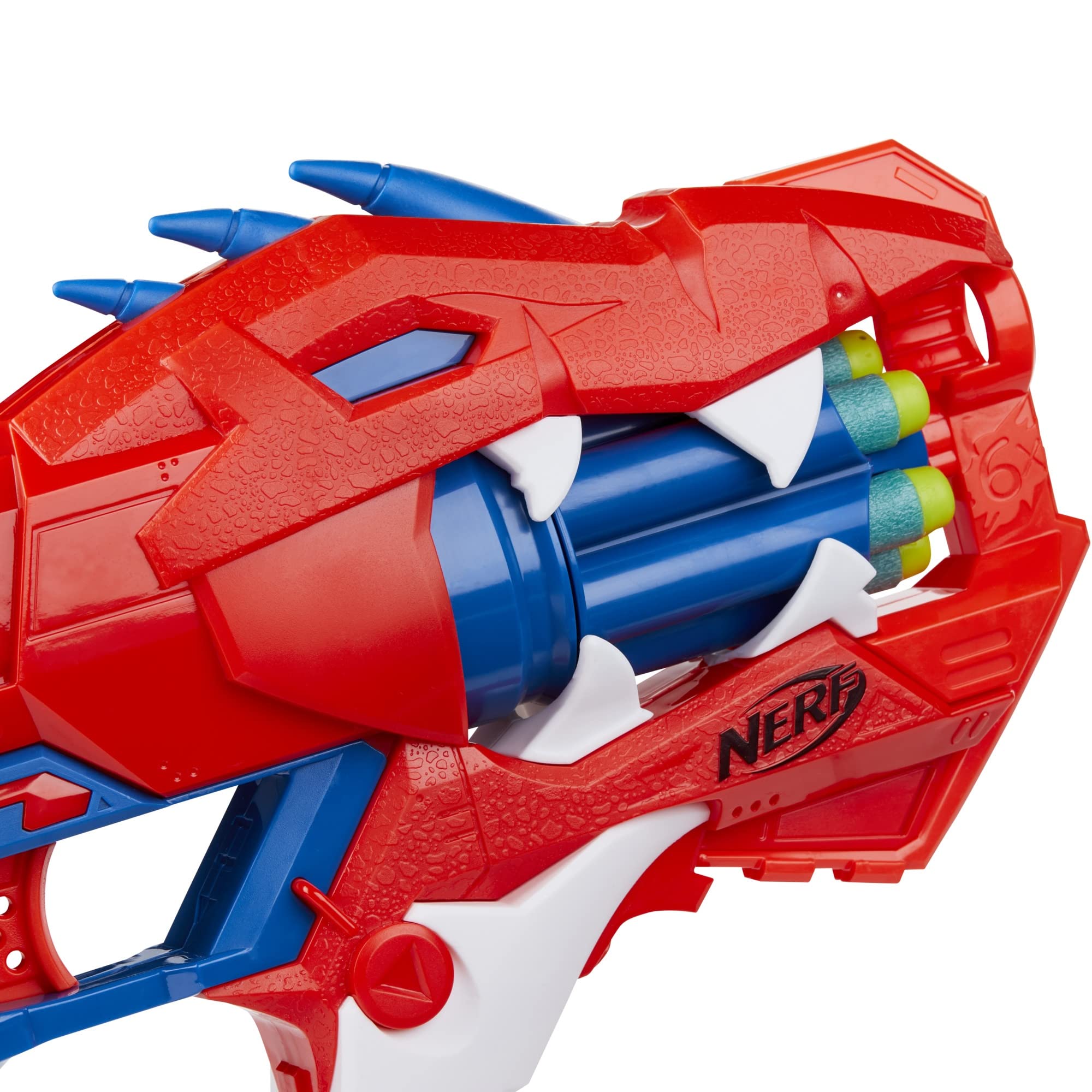 Nerf DinoSquad Raptor-Slash Dart Blaster, 6-Dart Rotating Drum, Slam Fire, 6 Nerf Darts, Velociraptor Dinosaur Design