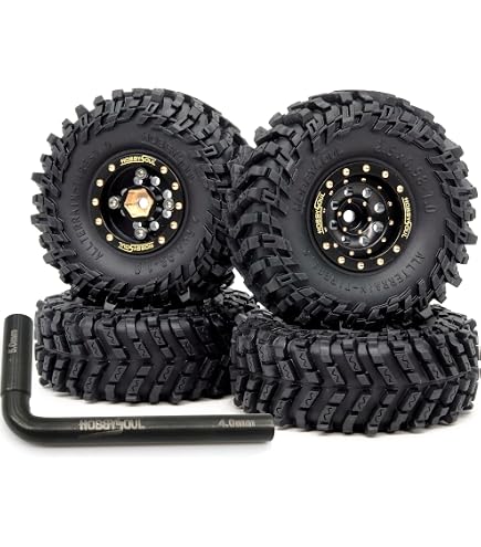 Hobbysoul 1.0 Beadlock Wheels & Tires For 1/24 RC Crawler - 4-Pack Aluminum Rims With Adjustable Offset For Axial SCX24