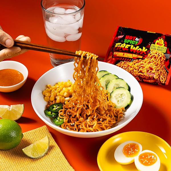 NISSIN FIRE WOK, SCREAMIN BEEF FLAVOR, HOT & SPICY CHILE INFUSED ASIAN NOODLES, 3.10 OUNCE (PACK OF 12)