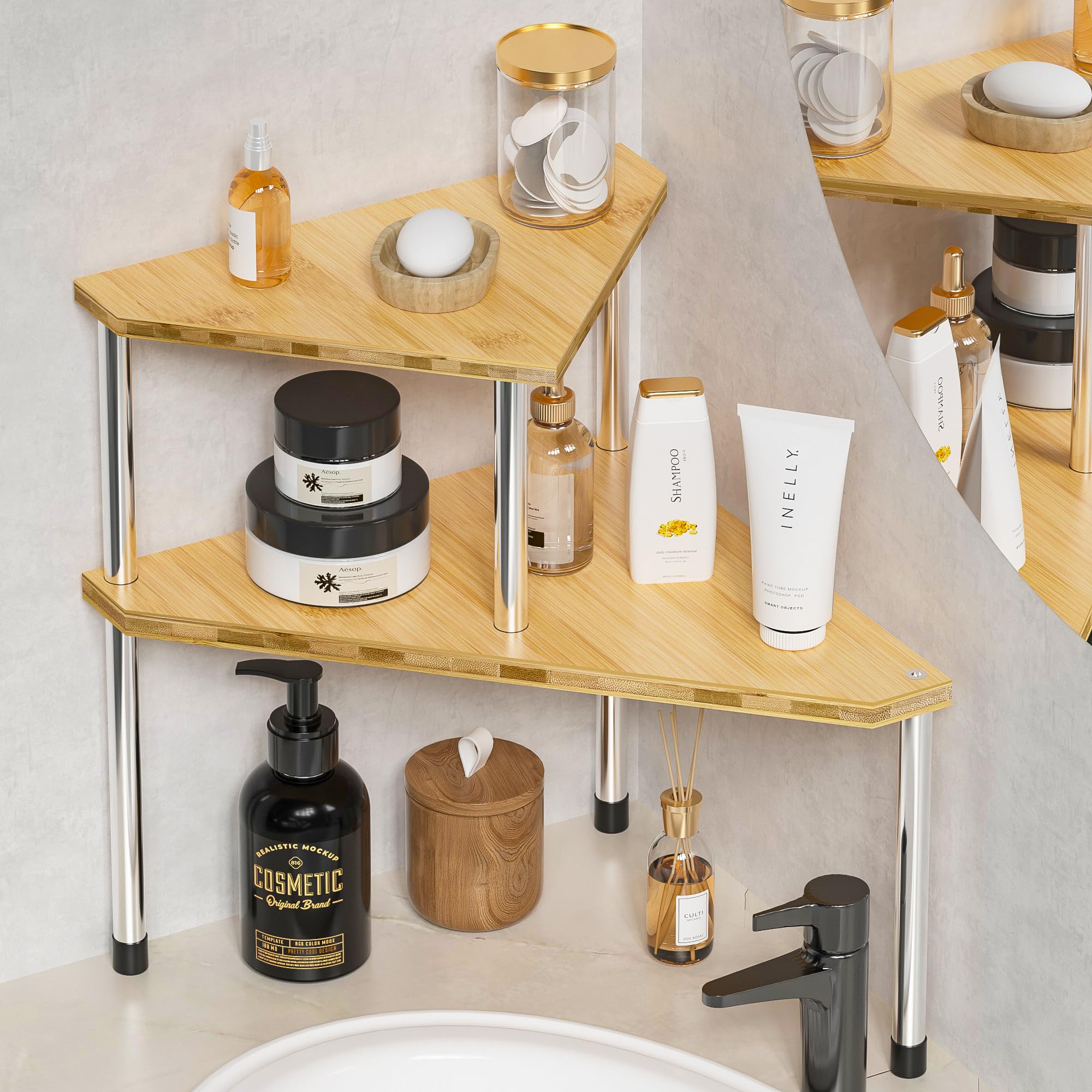 Photo 1 of Weenson Bathroom Organizer Countertop Corner Shelf – 2 Tier Bathroom Organization Bamboo Spice Rack Kitchen Countertop Organizer Space Saving Storage Shelves Living Room Office Home Decor