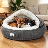 Welfibr Calming Cozy Dog Cave Cover Bed, Burrow Small Doggy Anti Anxiety | Not Collapsing, Hooded Cover, Washable Snuggle Cocoon Beds, Medium Dogs Cats, 2 in 1 Removable Blanket, Neck Support, Grey
