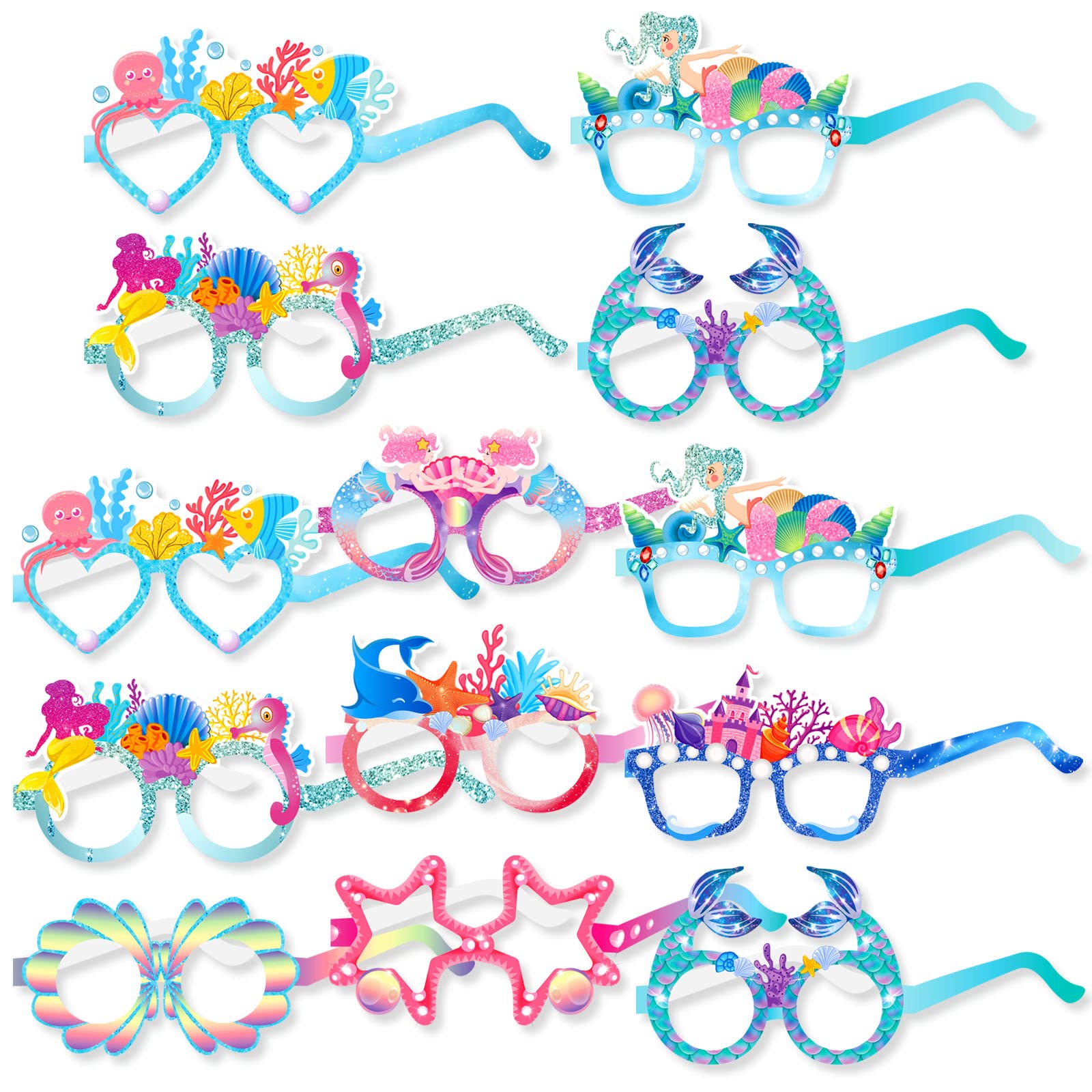 DPKOW 27pcs Mermaid Party Glasses for Kids Girls, Paper Mermaid Eyeglasses Under the Sea Photo Booth Props Supplies, Funny Summer Kids Party Eyewear Glasses Frame for Birthday Costume Accessories