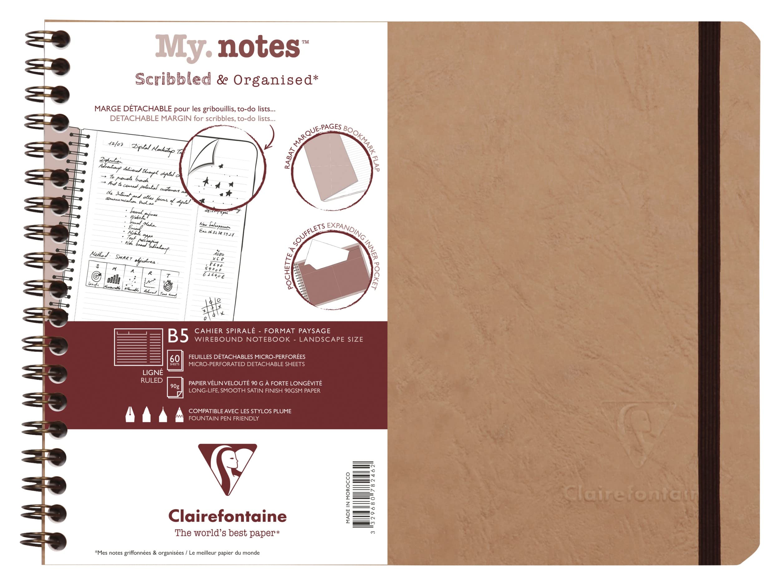 Clairefontaine 78246C Age Bag My.Notes Tobacco - B5 landscape 25x19 cm - 120 Detachable Ruled Pages - 90 gsm White Paper - Grain Leather Glossy Card Cover